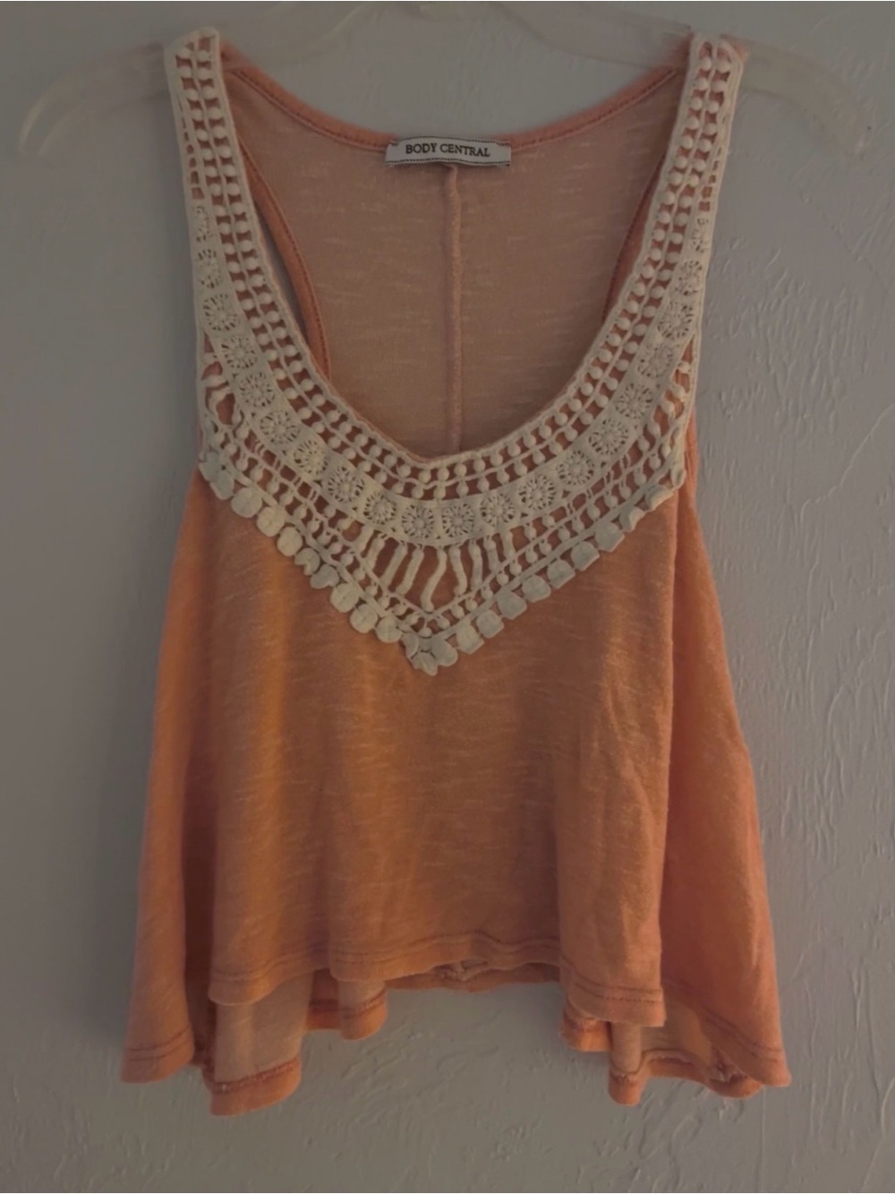 Body Central Peach Tank Top with Cream Crochet Neckline